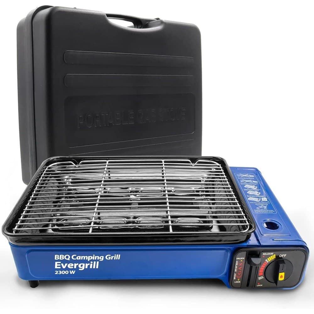Butangas Camping Gasgrill Evergrill – 2300 Watt – Inkl. Transportkoffer – Piezo-Zündung & Sicherheitsventil – Stufenlose Regelung – Mobiler Tischgrill für Angeln, Camping & Strand