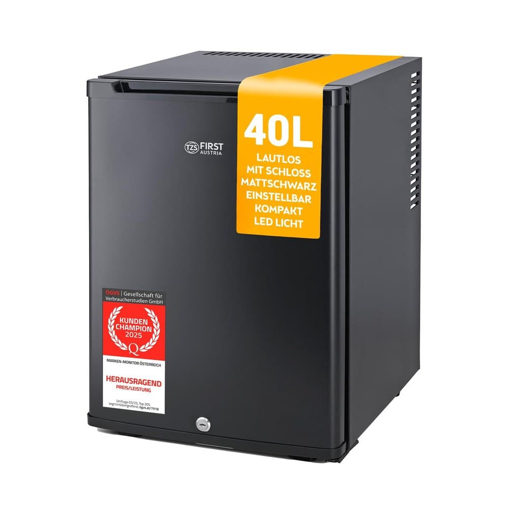 TZS First Austria - Mini Kühlschrank 40L lautlos & abschließbar - Kleiner Minikühlschrank, wechselbarer Türanschlag & Innenbeleuchtung - Minibar für Camping, Büro, Schlafzimmer & Hotel - Mattschwarz