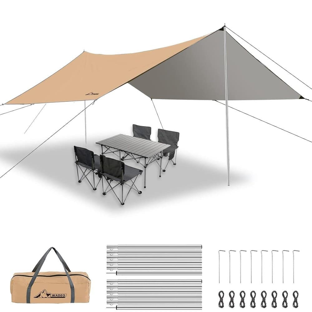 WADEO Zeltplane, 3 x 4 m, Wasserdicht, UV-resistent, Campingzelt, Regenfliege mit Stangen + Heringen + Seilen, ultraleicht, ideal für Camping, Wandern,
