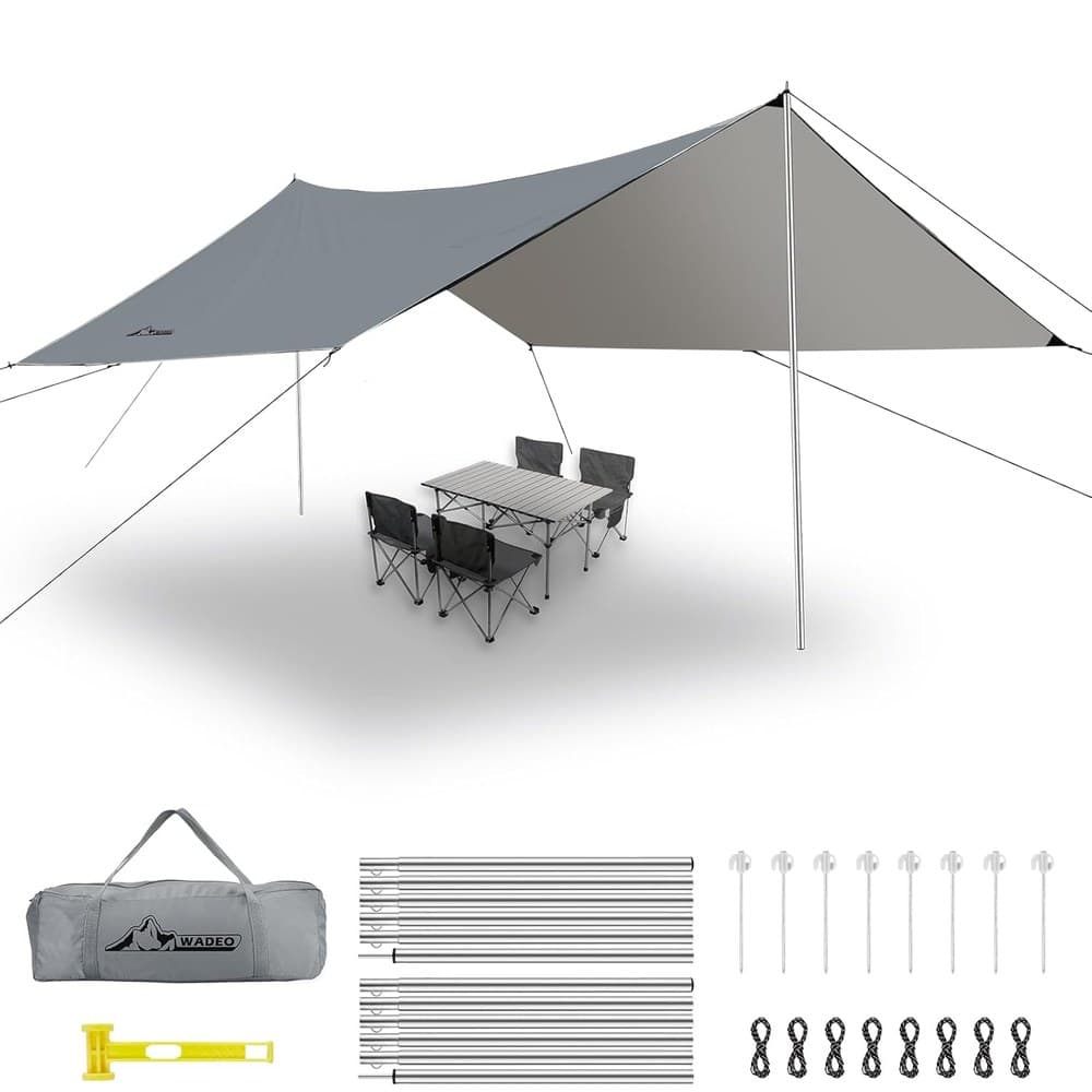 WADEO Stange Plane, [3,6 x 4,8 m / 12 x 16 Fuß] [Leuchtende Heringe und Hammer] Wasserfest, robust, UV-Schutz, Sonnen- und Regenschutz