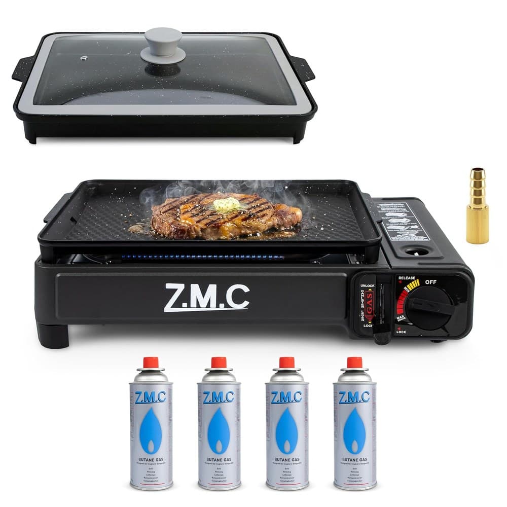 ZMC 2-in-1 Gasgrill & Campingkocher 2,2 kW mit Piezo-Zündung inkl. 4x 227g Gaskartuschen & LPG Adapter – tragbarer Tischgrill mit Grillplatte & Pfanne mit Glasdeckel für Camping, Balkon & Outdoor BBQ