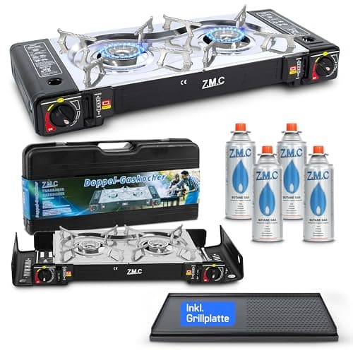 Z.M.C Gaskocher 2-flammig 2x 2,5 kW | LPG Adapter + Aufbewahrungskoffer | Campingkocher mit Piezozündung | Optional mit Grillplatte & Gaskartuschen 227g | Outdoor & Innenraum