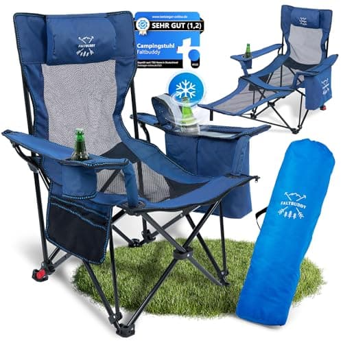 Faltbuddy® Campingstuhl faltbar & Liegestuhl klappbar 2in1 bis 180Kg blau [XXL Kühltasche] Faltstuhl I Klappstuhl I Angelstuhl Campingliege Strandliege klappbar leicht - Angler Strand Festival Outdoor