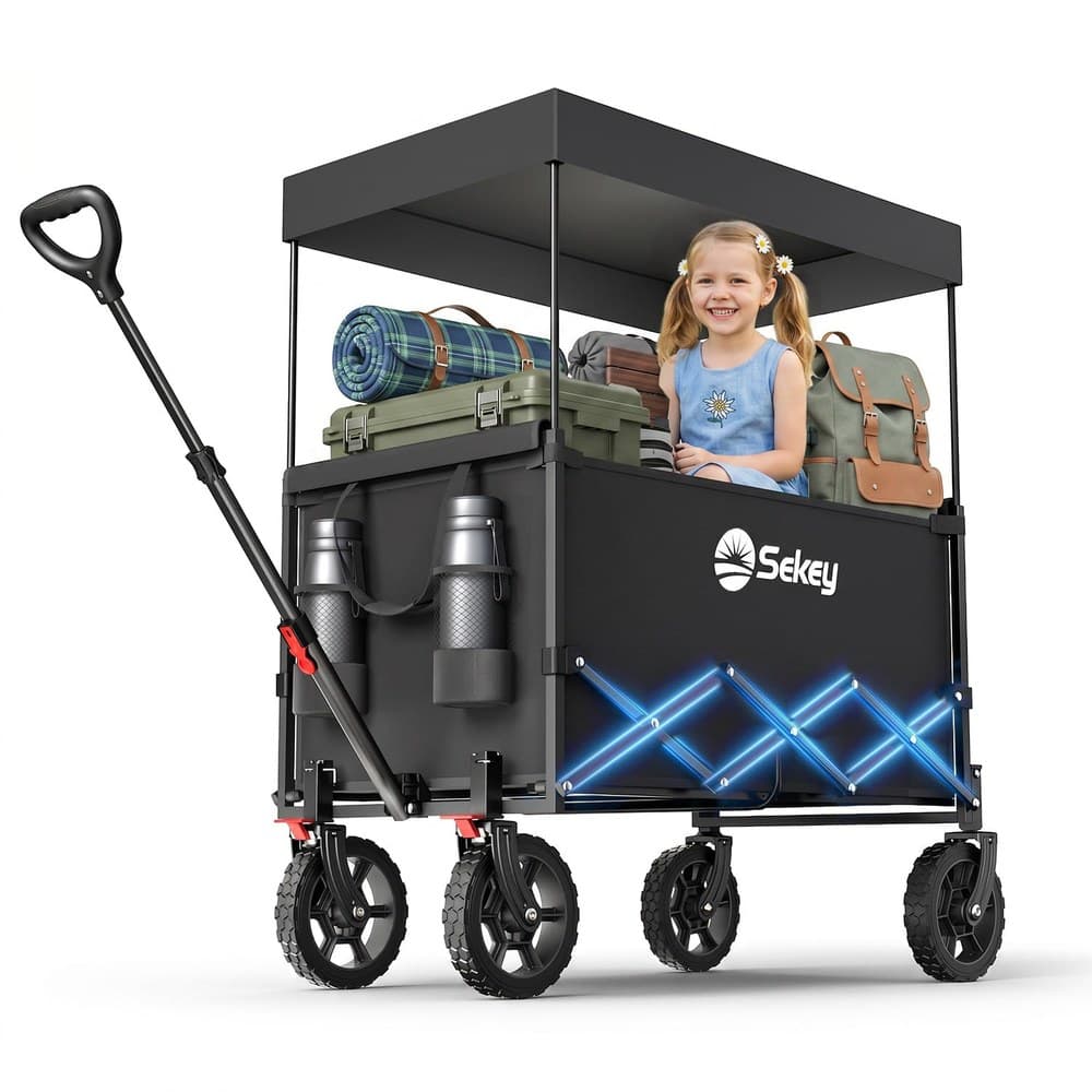 Sekey XXL Bollerwagen Faltbar Kinder 150L 150KG, Faltbarer Bollerwagen mit Dach Klappbarer Handwagen mit Sonnenschutz für Ausflug Strand Camping, S4018, Schwarz