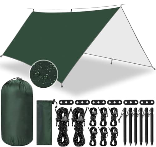 Frasheng Zeltplane 3x3m, Camping Zeltplane, Wasserdicht mit Ösen + 6 Erdnägel + 8 Seile, Leichte Tragbare, Regenschutz Sonnenschutz für Outdoor Camping, Grün