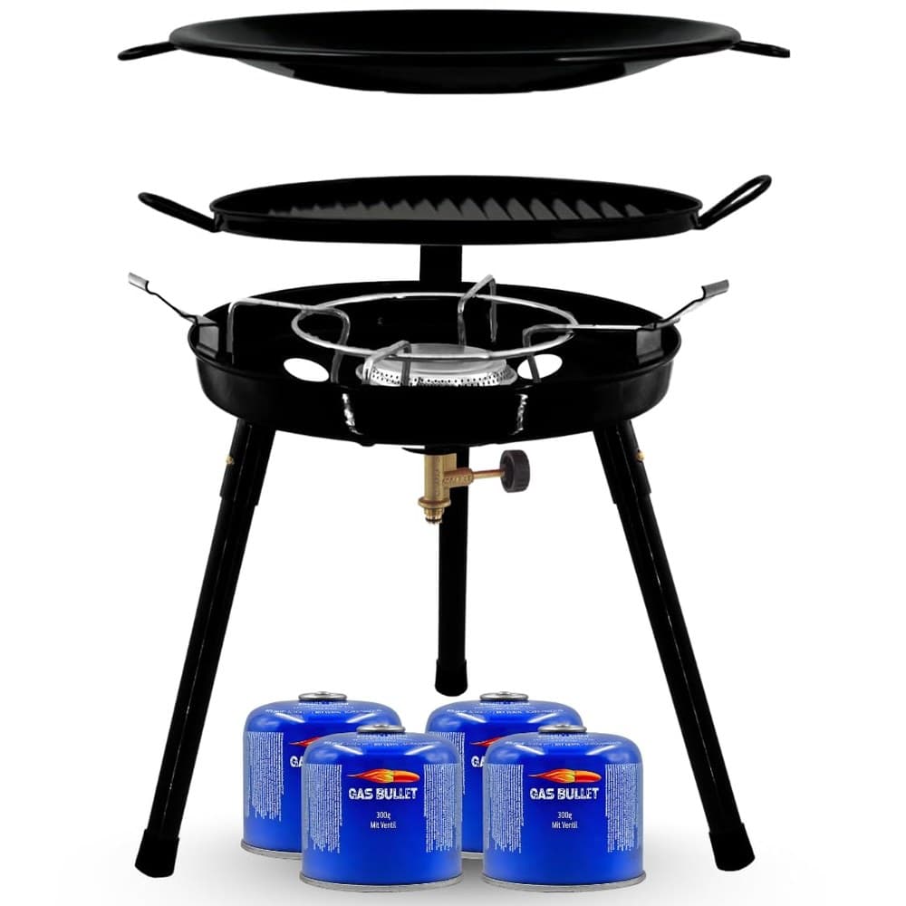 Gasgrill mit Pfanne & Wok + 4 Kartuschen (300g) | für Schraubgaskartuschen | Auseinanderschraubbar | Campinggrill, Party-Grill für Camping, Festivals & Outdoor (Gaskocher + 4 Kartuschen)
