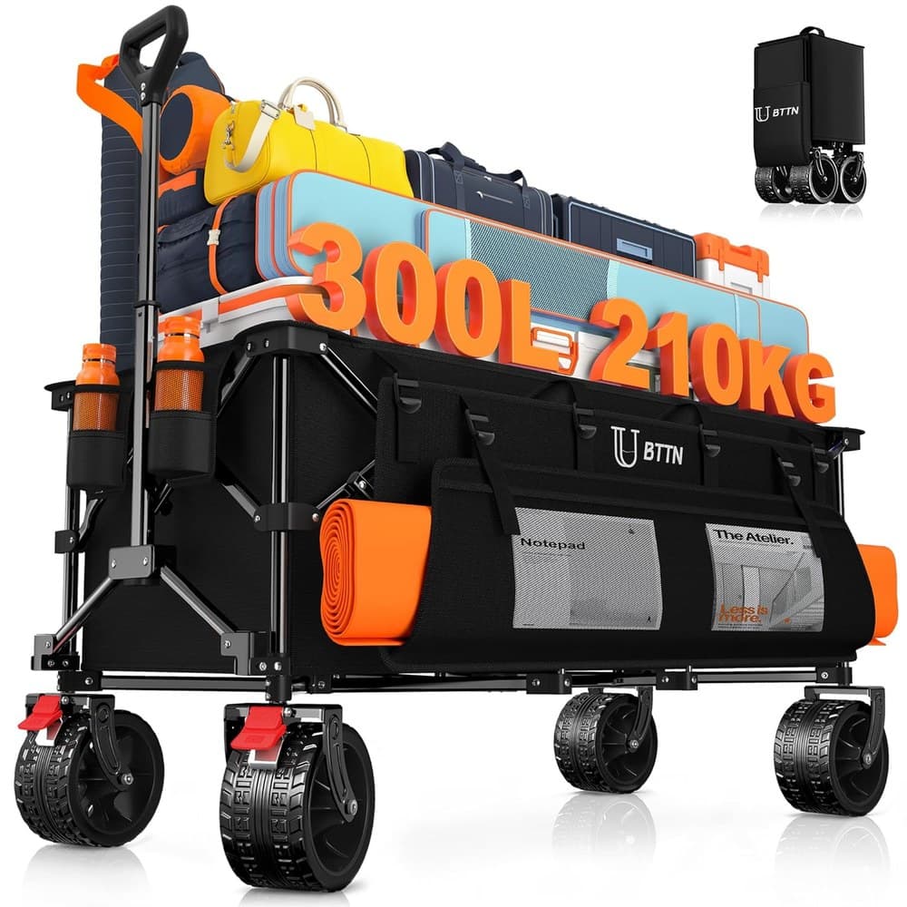 BTTN XXXL Bollerwagen Faltbar 300 L / 210 kg Traglast – mit Bremsen, 18×10 cm Breitreifen – Klappwagen für Garten, Strand, Camping & Einkaufen – Schwarz