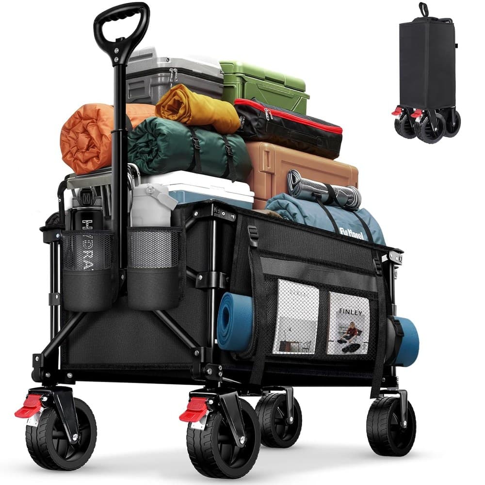 BELEEV Bollerwagen Faltbar mit Bremsen, Handwagen Faltbarer Groß XXL All Terrain Räder, Seitentasche, Getränkehalter, 100KG 130L Wagon Klappbar Kinder Strandwagen, Gartenkarre, Einkaufswagen, Camping