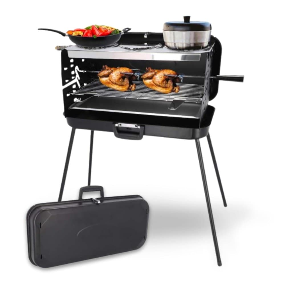 BERGER Camping Gasgrill Klappbar | Tragbarer Koffergrill mit 3 Brenner | 50 mbar für schnelles Kochen | 3 Kochstellen & ein Grillspieß inklusive | Windgeschützter Camping & Balkon Grill