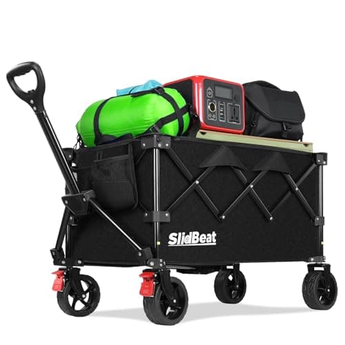 SLIDBEAT Bollerwagen Faltbar mit Bremsen, 150L 150KG Faltbarer Bollerwagen All Terrain Räder, Verstellbarem Griff, Getränkehalter Klappbar Handwagen Für Camping Shopping Garten Strand
