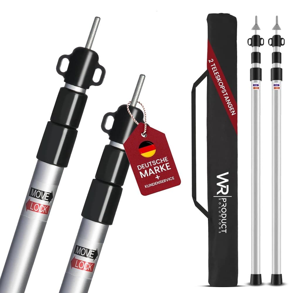 2x Premium Teleskop-Zeltstangen aus Alu + Tasche | Stufenlos 95-230 cm verstellbar | Für Tarps, Planen & Sonnensegel | Ultraleicht (450g/Stange) & Twist-Lock-System
