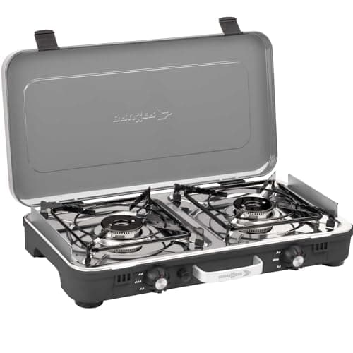 BRUNNER: Tisch Camping-Kocher 2-flammig Edelstahl Gasgrill & Gaskocher - POWERKOOK 50mbar - mit Gasregler + Gaschlauch 1 Meter für Wohnwagen, Wohnmobil, Boot