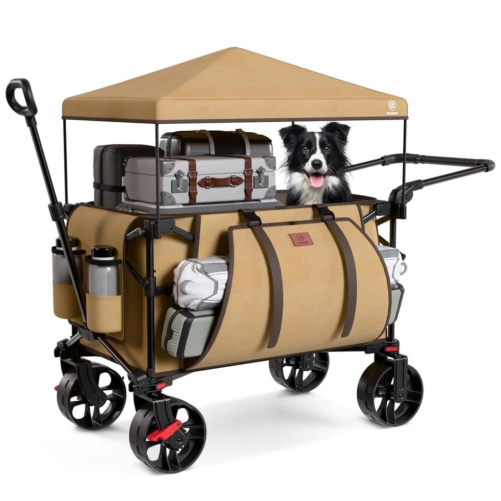 EVER ADVANCED XXL Bollerwagen faltbar 225L bis 150kg mit Bremse Dach Handwagen schieben&ziehen klappbar Strandwagen 20 * 8cm breite Räder Faltwagen für Camping Strand Einkauf Tier Brown