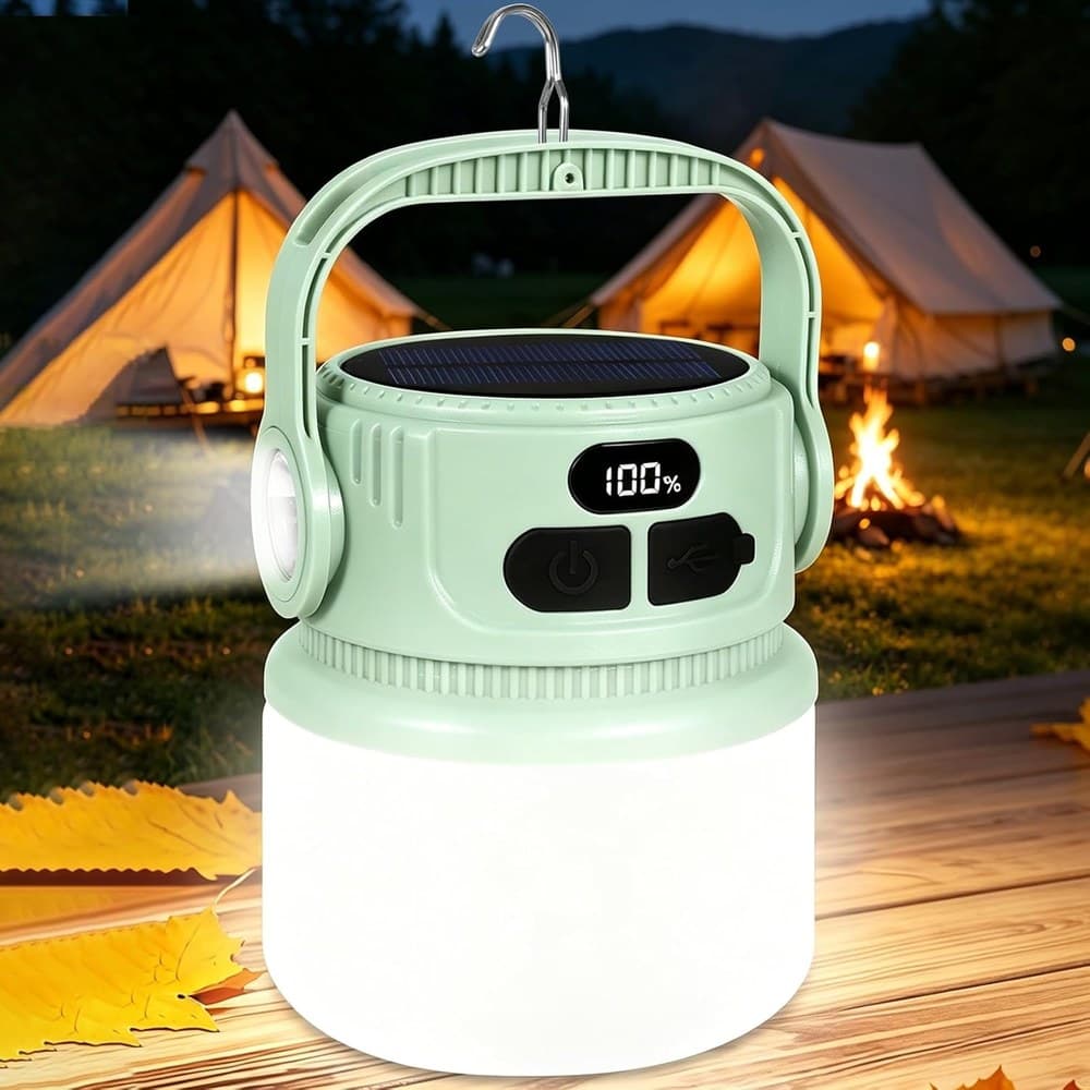 LED Campinglampe Solar Aufladbar, 2400mAh Camping Laterne mit Haken 6 Leuchtmodi Dimmbar, Superhell Zeltlampe Notlicht für Stromausfall,IPX5 Wasserdicht Outdoor Lampe für Wandern Angeln Notfälle