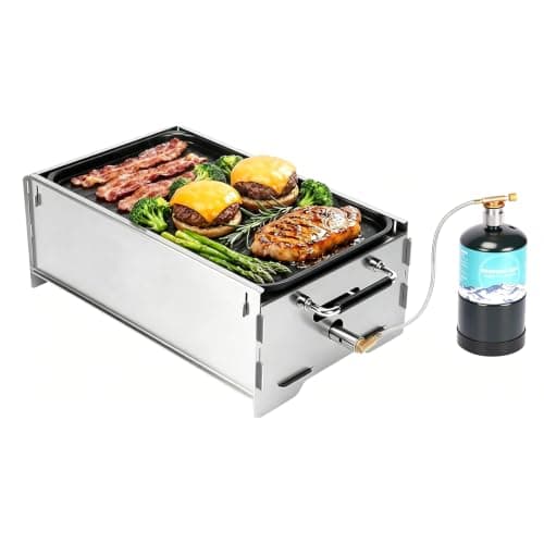 GFTIME Tragbarer gasgrill, Camping grill, Gas & Holzkohlebetrieb Inkl. Gusseisen Grillplatte,Tragetasche, Mobiler Klein grill, Perfekt für Camping, Garten, Balkon, Outdoor,Vierkant-Edelstahl grill