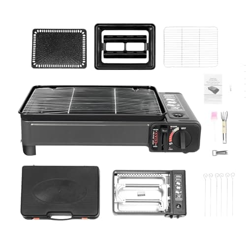 LENJKYYO Camping Gasgrill mit Koffer, 2-in-1 Tischgrill Gas Gaskocher 2-flammig Tragbar, Kleiner Gasgrill für Kartusche & Gasflasche, Outdoor Grill Camping Set für Balkon, Picknick mit Zubehör
