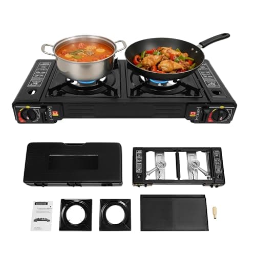 LENJKYYO Gaskocher 2-Flammig, Campingkocher mit Grillplatte & Tragetasche, Tragbarer Gaskocher, 2500W pro Brenner, Gaskocher für Gasflasche & Kartusche, Piezozündung, Überdruckschutz für Outdoor