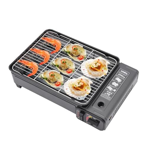 2 in1 Gaskocher, Campingkocher Camping Gasgrill Tragbarer, Camping Grill Gas Stove mit Backblech Grillrost für Camping Reisen Trekking Kochen
