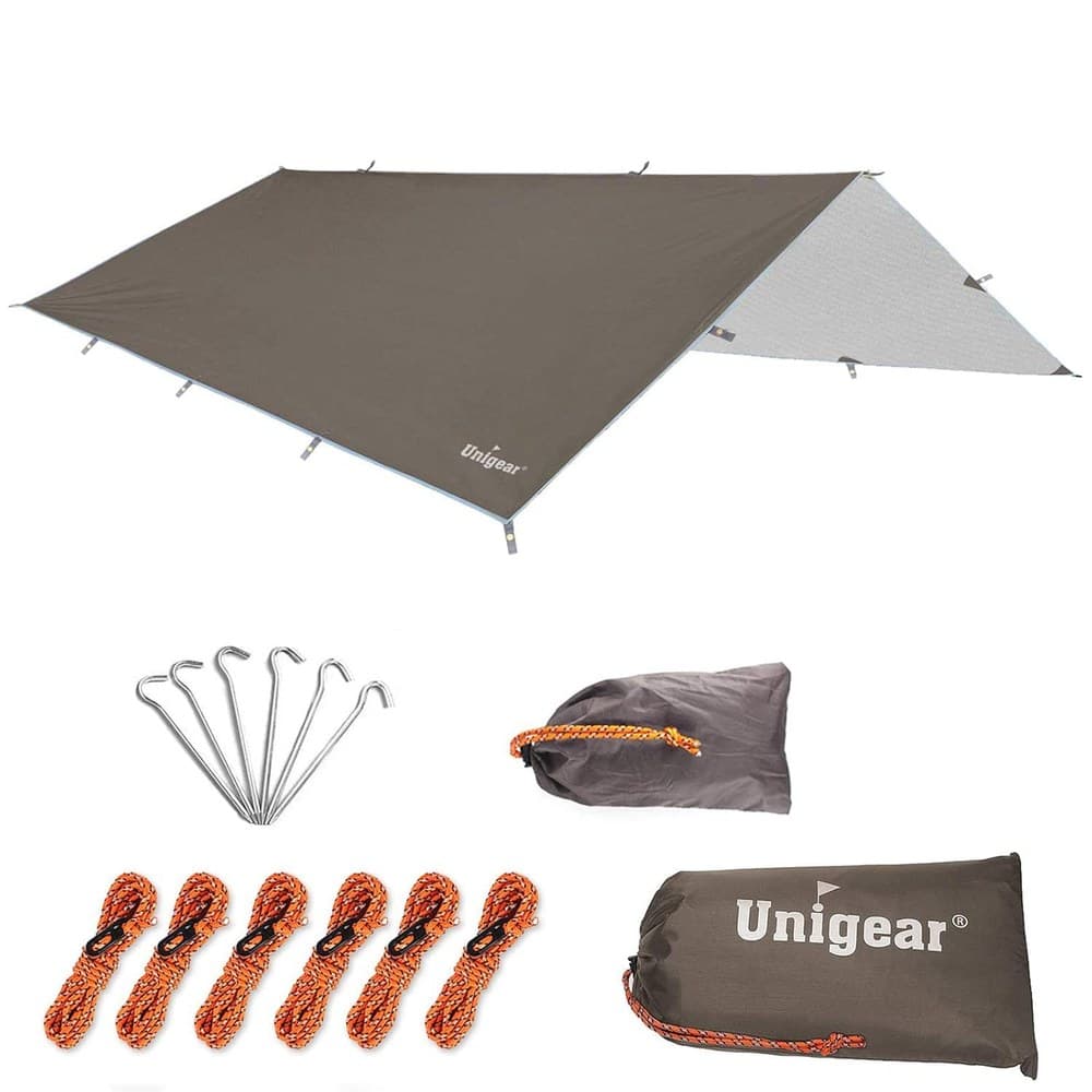 Unigear Tarp 3x3 3x4 3x5 4x4 wasserdicht, Zeltplane für Hängematte mit Ösen + 6/8 Erdnägel + 6/8 Seilen, Regenschutz Sonnenschutz kompakt für Ourdoor Camping Wandern Hängematte