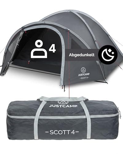 JUSTCAMP Scott Camping Zelt 4 Personen - großes Kuppelzelt mit abgedunkelter Schlafkabine & verschließbarem Vorraum - Familienzelt mit Lüftung, Moskitonetz & Lampenhalter - leicht und wasserdicht