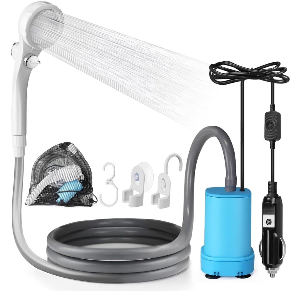 AUTOPkio 12V 24V Campingdusche Portable, Outdoordusche Camping Dusche mit Innovativ Pumpe Saugnapf Haken für Outdoor Wohnwagen Wohnmobil Baden Auto Waschen, Haustier Baden Pflanzen Bewässerung