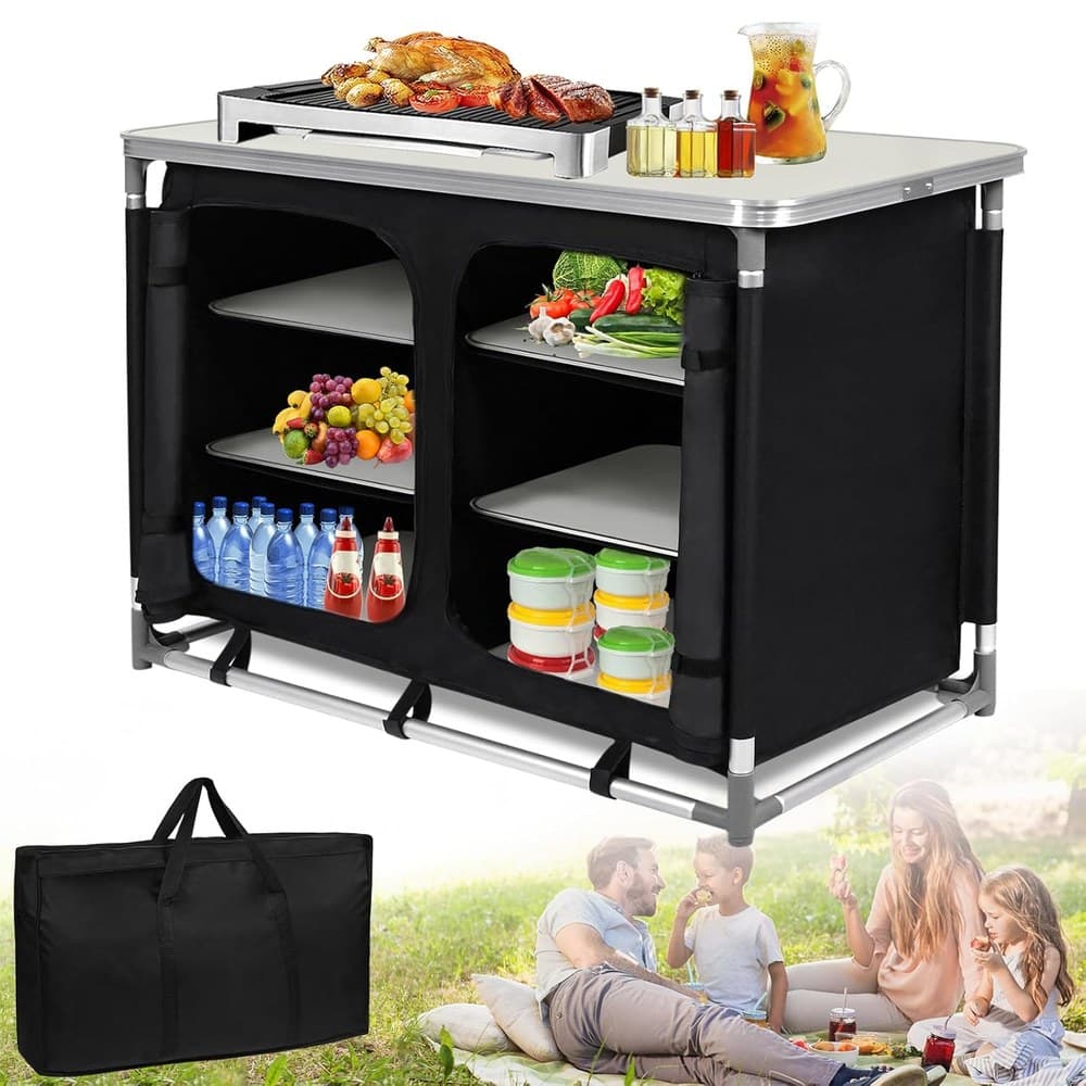 ACXIN Campingküche Faltbarer Campingschrank, Küchenbox Reiseküche, mit Alurahmen, Staufächer, Tischplatte, inkl. Tragetasche