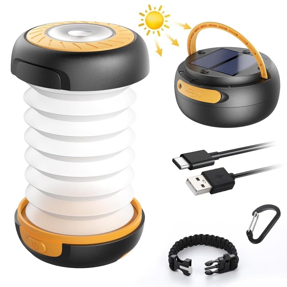 GlobaLink LED Campinglampe Faltbare Solar Camping Laterne Energienbank mit 2 Lademethoden (Solar/USB) und 3 Lichtmodi für Camping, Angeln, Notfall -inkl. Survival Armband mit Pfeife(Gelb)