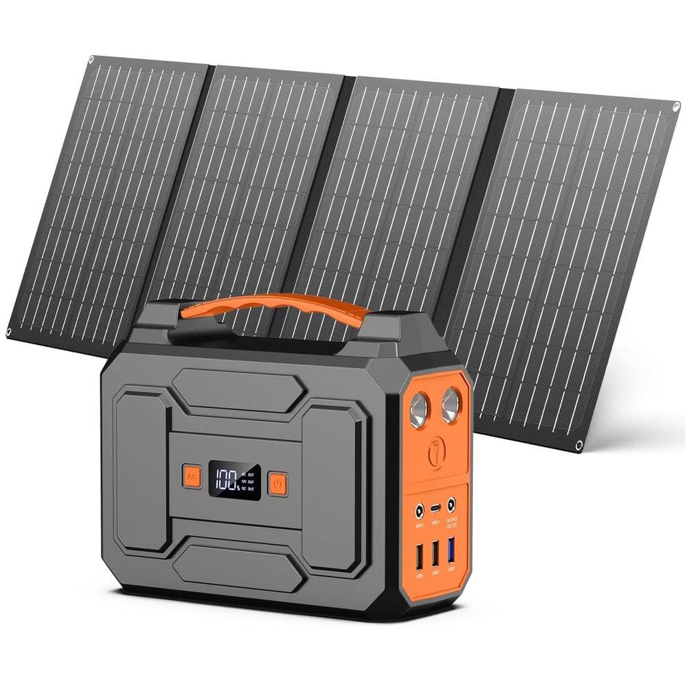 Powkey Powerstation mit Solarpanel 99Wh Tragbare Powerstation mit 40W Faltbare Solarpanel 100W Solargenarator mit 230V AC Ausgang/18W USB-A/USB-C für Wohnmobil Camping,schwarz-orange