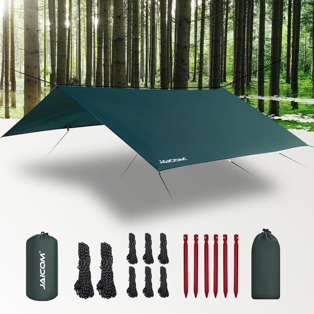 JAICOM Tarp Wasserdicht - 3x3M/4M/5M Camping Zeltplane, Ultraleicht und Tragbar, UV-Schutz & Schnee & Regen, Mit Ösen, Nylonseile, Aluminiumstifte, für Hängematten, Outdoor-Aktivitäten, Terrassen
