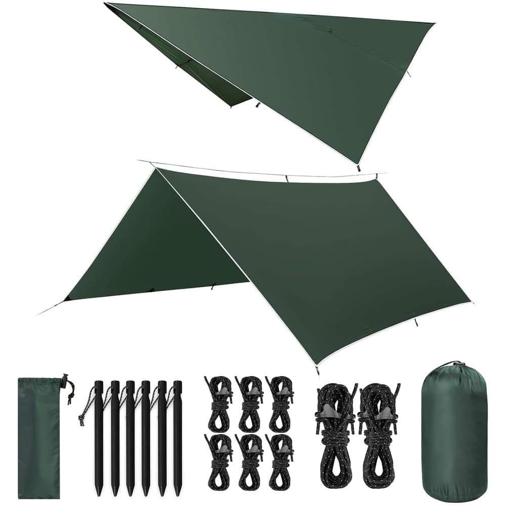 Tarp 3x3/3x5M Wasserdicht, Ultraleicht Camping Zeltplane, Anti-UV Sonnen Regen Schutz Schnee, mit Öse + Aluminiumstifte + Nylonseile, Leicht Kompakt, für Camping Picknick Wandern Hängematte