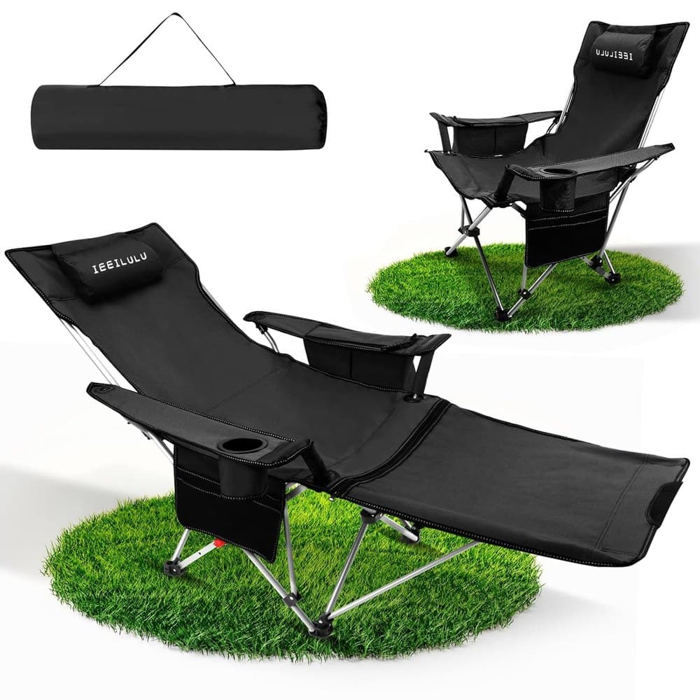IEEILULU Campingstuhl Faltbar mit Fußstütze, Liegestuhl Klappbar, 2 in 1 Multifunktionaler Campingstuhl mit Getränkehalter Kühltasche, Strandstuhl Klappbar für Erwachsene 100kg Camping (Black)