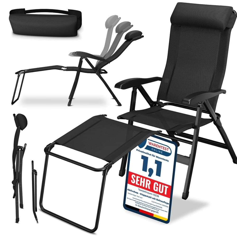 ELONEO Campingstuhl faltbar mit Abnehmbarer Beinauflage, Klappstuhl aus Aluminium, Gartenstuhl klappbar, Liegestuhl mit Verstellbarer Rückenlehne, Camping Chair schwarz