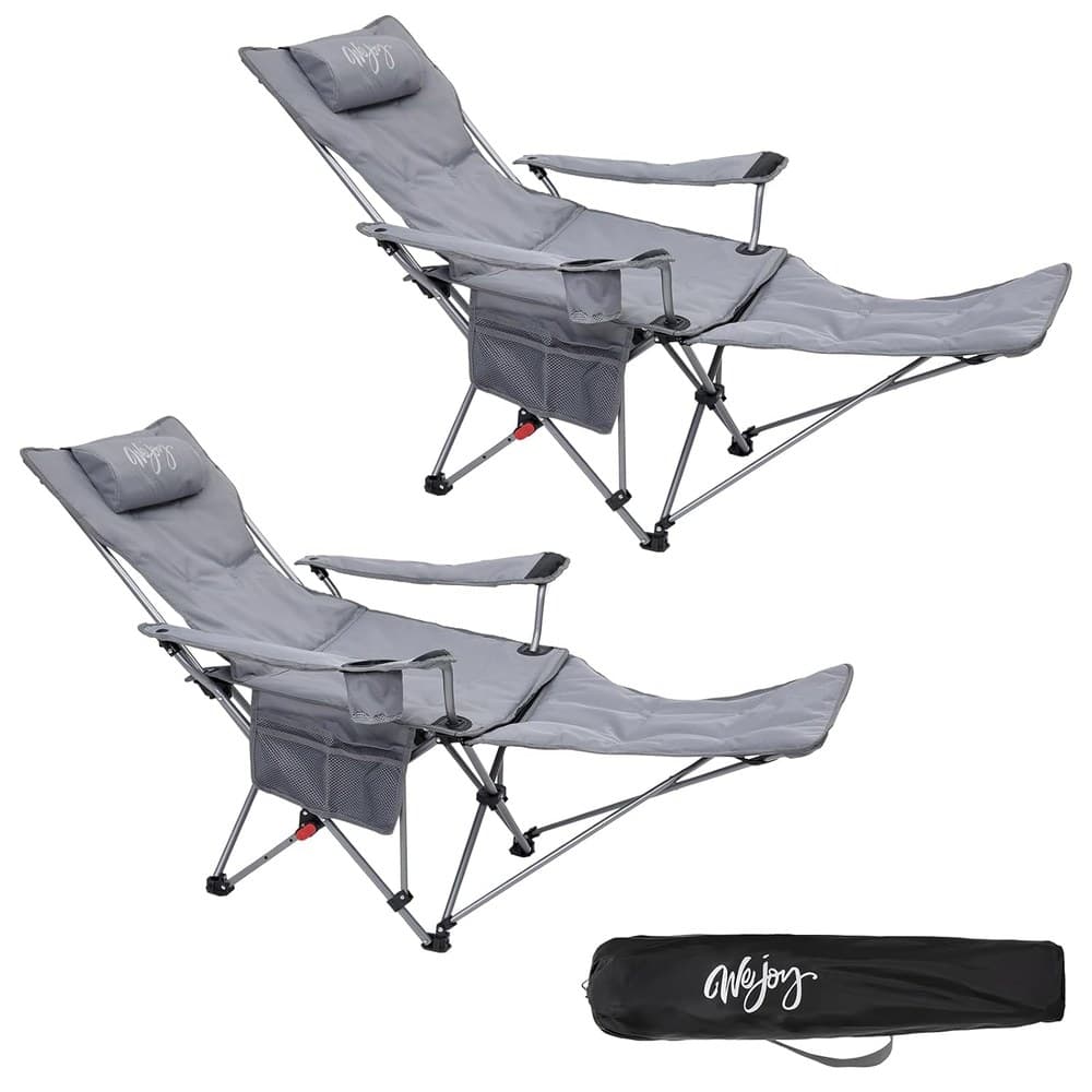 #WEJOY 2-in-1 Campingstuhl Faltbar mit Fußstütze, Gepolstert Liegestuhl mit Verstellbarer Rückenlehne, Relaxsessel Liege mit Getränkehalter, Liegestuhl für Outdoor Camping Grau 2er Set