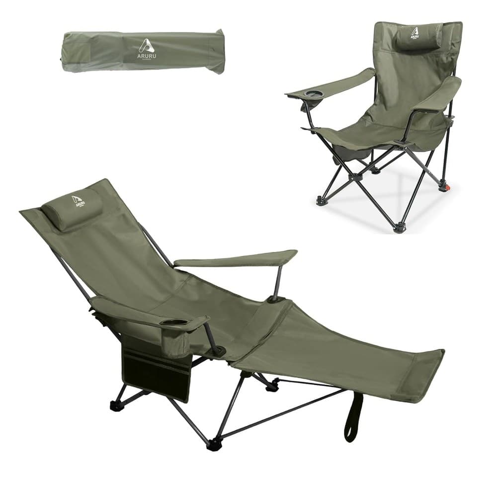 Campingstuhl Faltbar 136KG mit Fußablage 3-Fach Verstellbarer Strandstuhl für Erwachsene mit Kissen Getränkehalter Liegestuhl Angelstuhl Campingstühle (Grün)