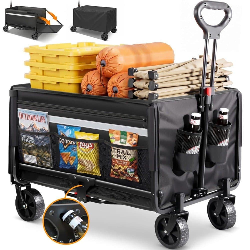 Bollerwagen faltbar 120L+ Bis 150KG Strandwagen Klappbar mit Heckklappe Regenschutz,Becherhalter, Reflektorstreifen, Faltbarer Bollerwagen Für Hunde,Einkaufen,Camping,Strand,Transport,Outdoor