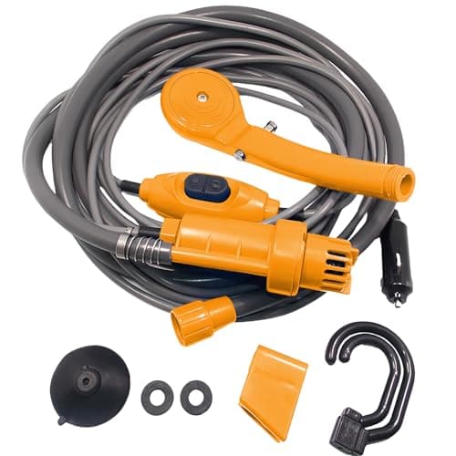 PORFOYO Campingdusche Camping Dusche, 12V Tragbare Campingdusche mit Handbrause und Schlauch, Campingdusche mit Pumpe, Campingdusche Tauchpumpe für Wandern, Camping, Reisen, Strand, Haustier (Gelb)