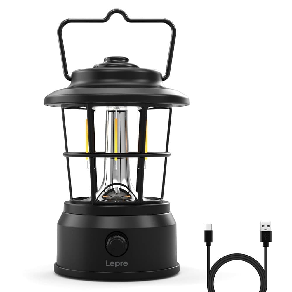 Lepro LED Retro Campinglampe Wiederaufladbar, Stufenlos Dimmbar, Powerbank-Funktion, IPX4 Wasserdicht, bis zu 160h Laufzeit, Dekorative Laterne für Camping, Garten & Notfall, Schwarz