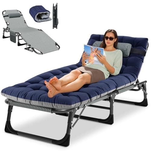 Obqer Folding Lounger, 200KG Belastbarkeit Klappbett Gästebett mit Matratze, Seitentaschen und Kopfstütze, verstellbare Rückenlehne, einfach zu montieren, geeignet für Garten, Sonnenbaden, Camping