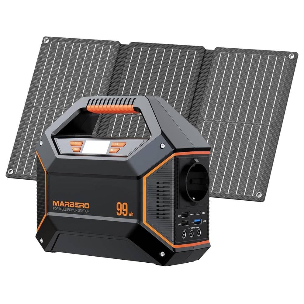 MARBERO Tragbare Powerstation 99 Wh mit 30 WFalt-Solarpanel, 150W Solargenerator Akku mit AC/Auto Zigarettenanzuinder/USB Ausgabe, LED-Leuchte,Stromgenerator fuir Camping, Notstrom & Off-Grid