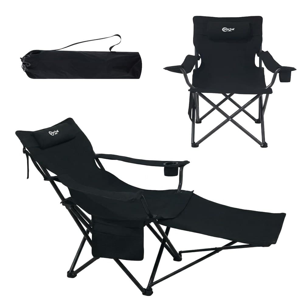 Portal 2-in-1 Campingstuhl Faltbar 180KG, 3-Fach verstellbar mit Fußstütze, Kissen & Getränkehalter, Robuster Klappstuhl als Liegestuhl & Strandstuhl für Outdoor, Garten, Angeln – Inkl. Tragetasche
