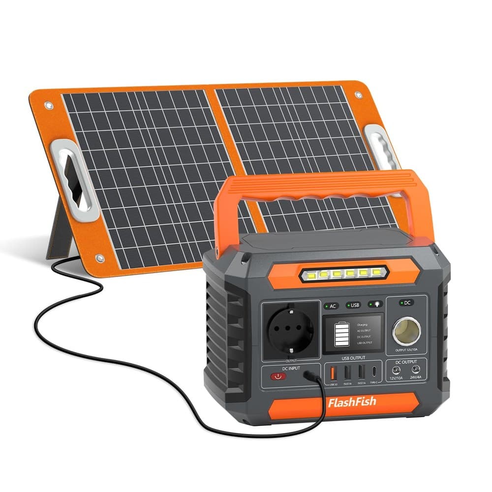 FlashFish 144.3Wh Tragbare Powerstation mit Solarpanel 60W, 200W Solar Generator mit 230V AC/DC/USB/Typ C/LED-Lichter, Stromgenerator Akku für Camping, Reise, Unterwegs, Notstrom