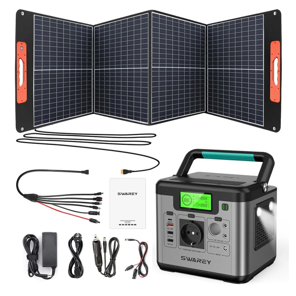 Tragbares Powerstation S500 mit 100W Solarpanel, 518Wh Solargenerator, 500W(Spitze 1000W) AC Ausgang, 65W USB-C Anschluss für Party Reise Camping Wohnmobil Notfall