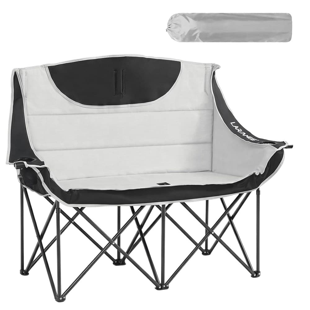 LARMNEE Campingstuhl Faltbar für 2 Personen, Campingsofa, 2 Getränkehaltern, 200 KG Belastbar, Campingcouch Dick Gepolstert Klappstuhl, inklusive Tragetasche, Grau und Schwarz EBG03LC02