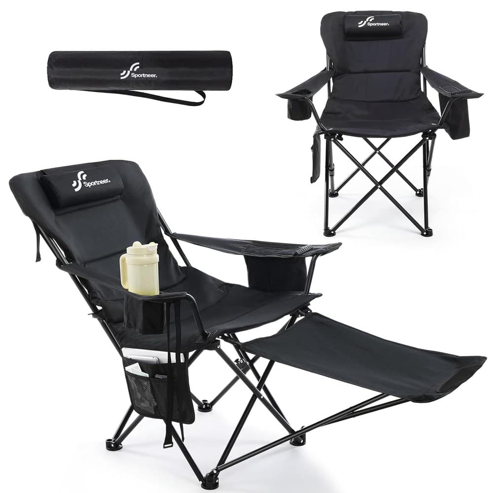 Campingstuhl Faltbar & Liegestuhl Klappbar 2-in-1, Strandstuhl mit 4-Fach Verstellbarer Rückenlehne, Campingstuhl mit Fußablage mit Kühltasche Getränkehalter für Camping Strand Festival Garten Balkon