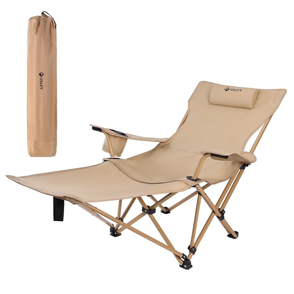 VILLEY Campingstuhl Faltbar mit Fußstütze, Liegestuhl Faltbar mit Kopfstütze & Aufbewahrungstasche, Relaxsessel Belastbar bis 150 kg, Klappbarer Campingstuhl für Camping, Strand, Garten, Angeln
