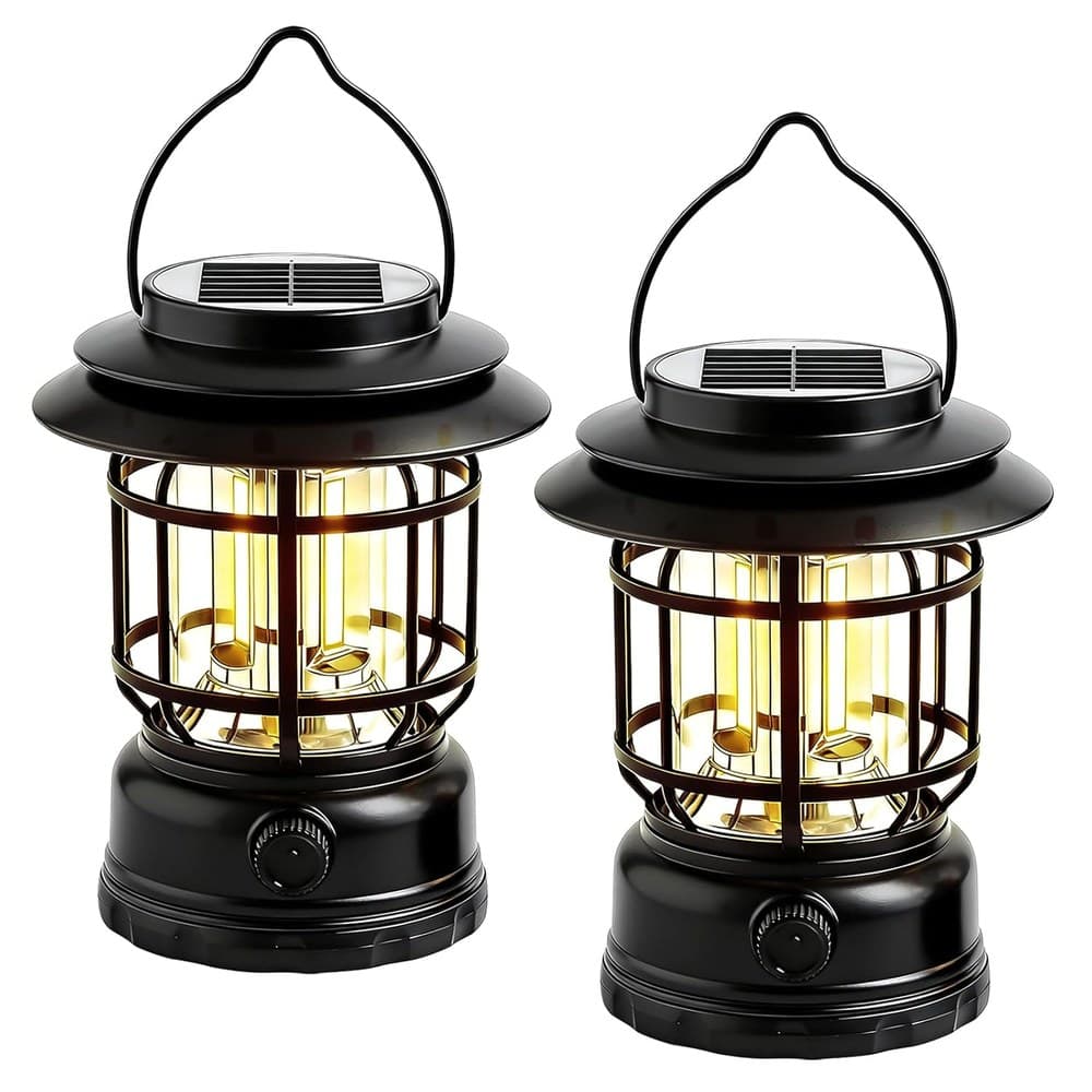 2 Stück LED Campinglampe Solar, Stufenlos Dimmbar Campinglampe Aufladbar USB, Retro LED Camping Laterne Warme Campinglaterne Akku, Tragbar Zeltlampe IPX4 für Notfall, Zelt, Wandern, Garten (Schwarz)