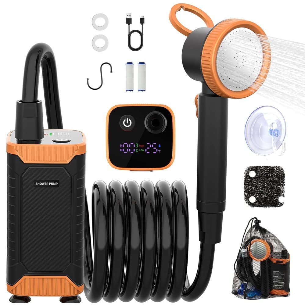 Uplayteck Tragbare Campingdusche mit Akku, 8000mAh Campingdusche mit Pumpe, Duschkopf und 2M Schlauch, IPX8 Wasserdicht Portable Shower mit Temperaturanzeige und Filter für Reisen, Camp, Garten