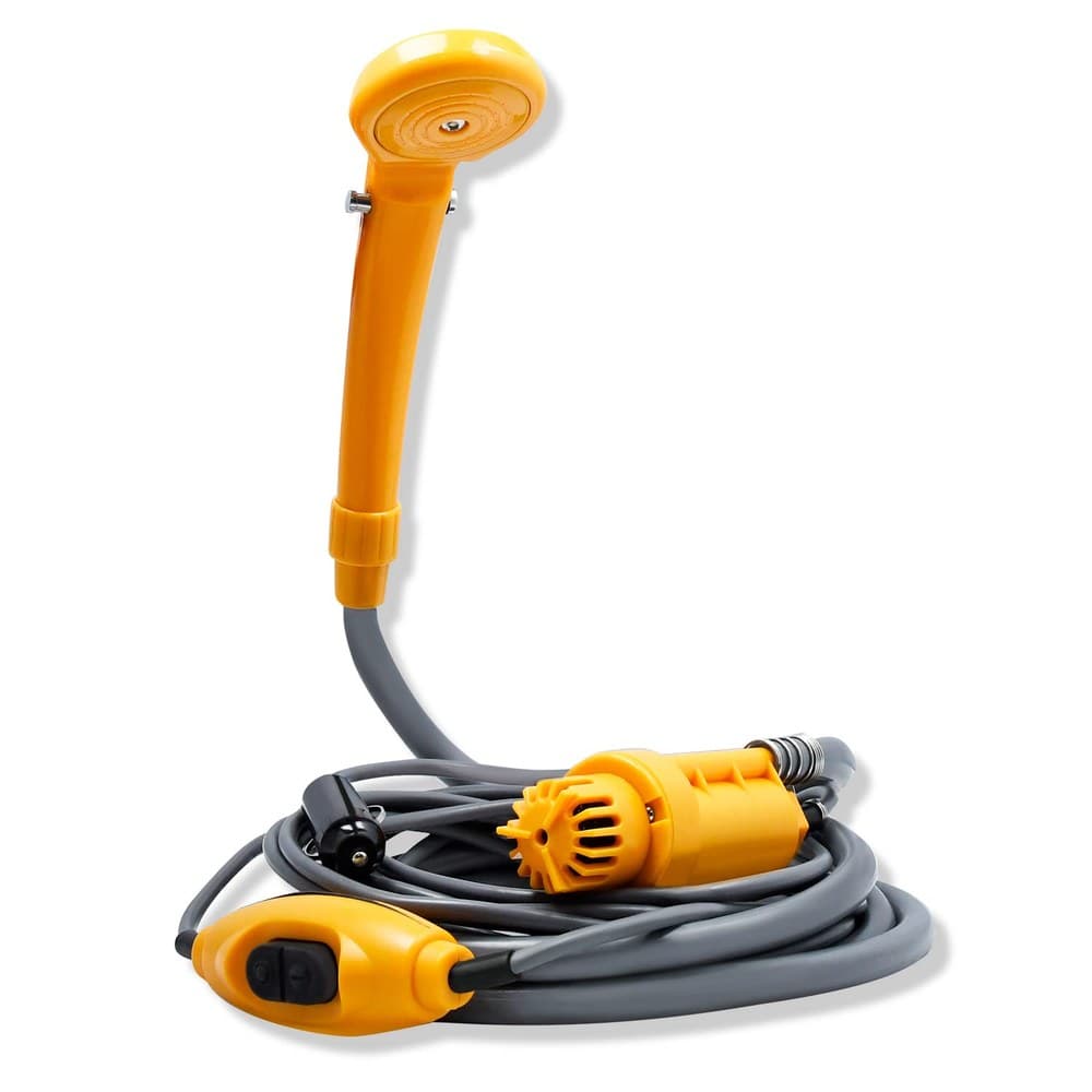 12V Tragbare Campingdusche mit Tauchpumpe, Außendusche mit 2 m Schlauch und Stromadapter, mobile Camping Dusche für Wohnmobil, Camping